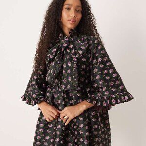 Sister Jane XS oversized pussybow jacquard mini dress in black floral NWT